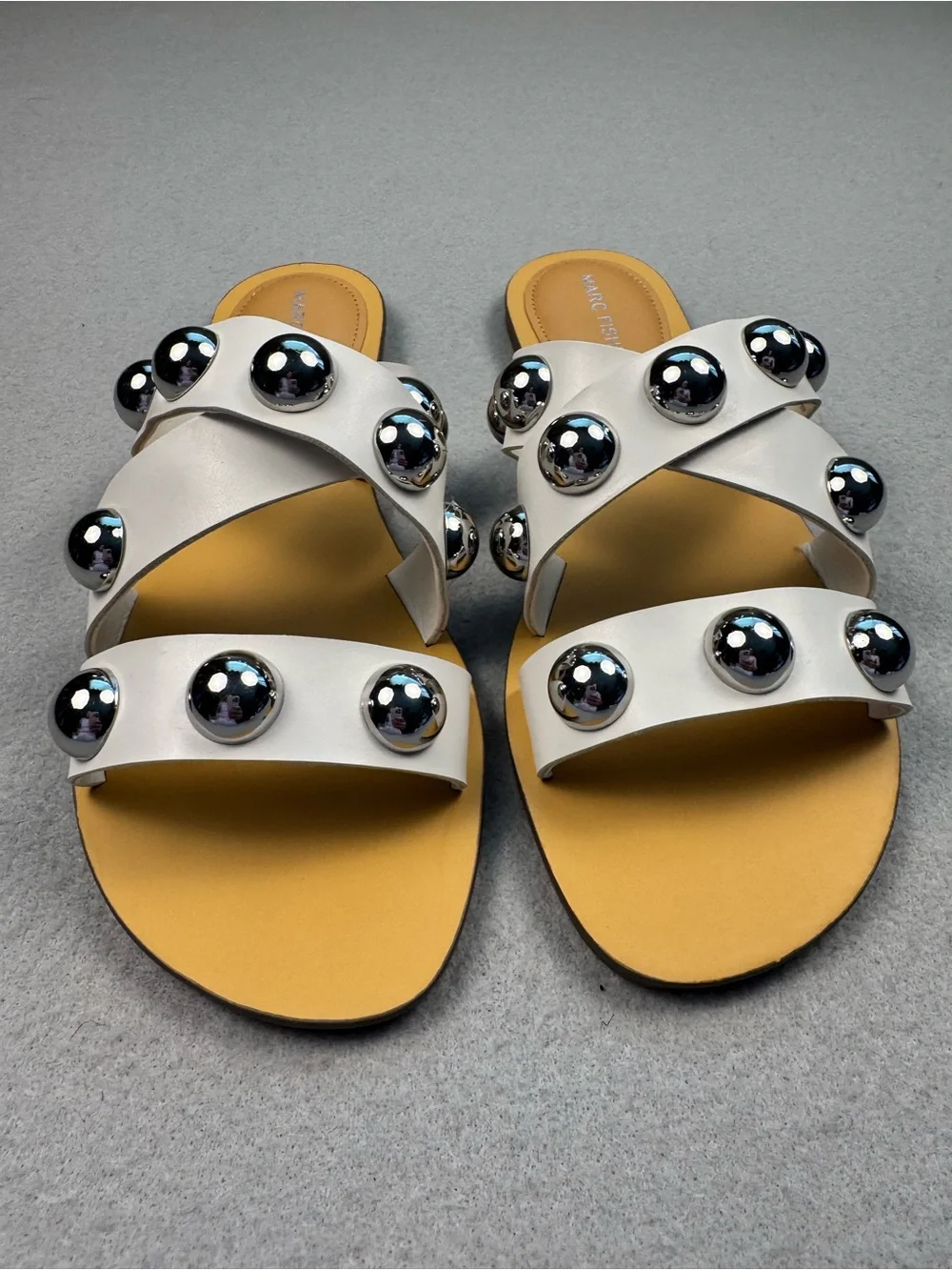 Marc Fisher White Slide Sandals with Metallic Dome Studs